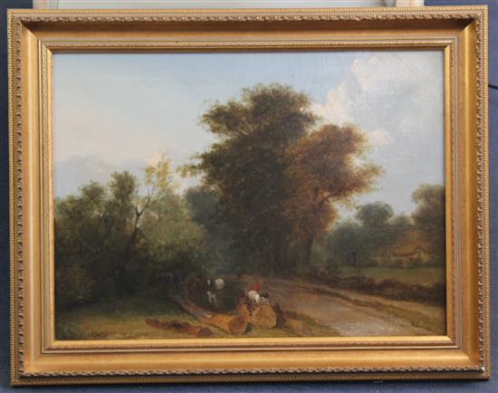 J* B*Reid (19th century) Woodsmen resting on a forest path, 17.5 x 24in.